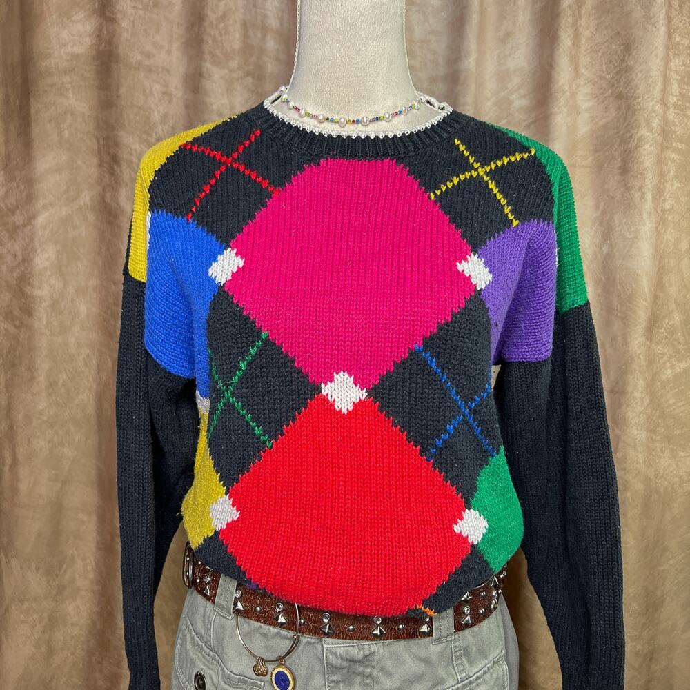 Vintage 80s Multicolor Argyle Diamond Knit Sweater Rainbow Maximalist Retro Art